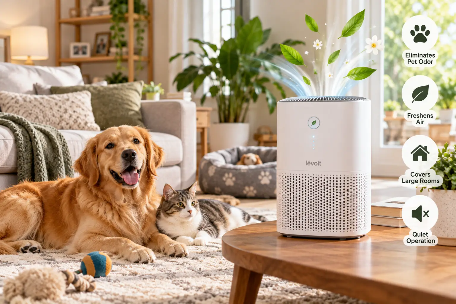 Best air freshener for pet odor featuring a white air purifier on a wooden coffee table beside a golden retriever and tabby cat relaxing in a bright living room, with natural sunlight, indoor plants, and comfortable pet-friendly decor.