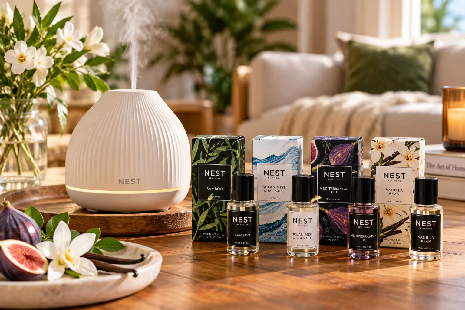 Best NEST diffuser scent options featuring a cream ceramic diffuser and fragrance refills in Bamboo, Ocean Mist and Sea Salt, Mediterranean Fig, and Vanilla Bean, arranged on a wooden table with botanical accents in a cozy, naturally lit living room.