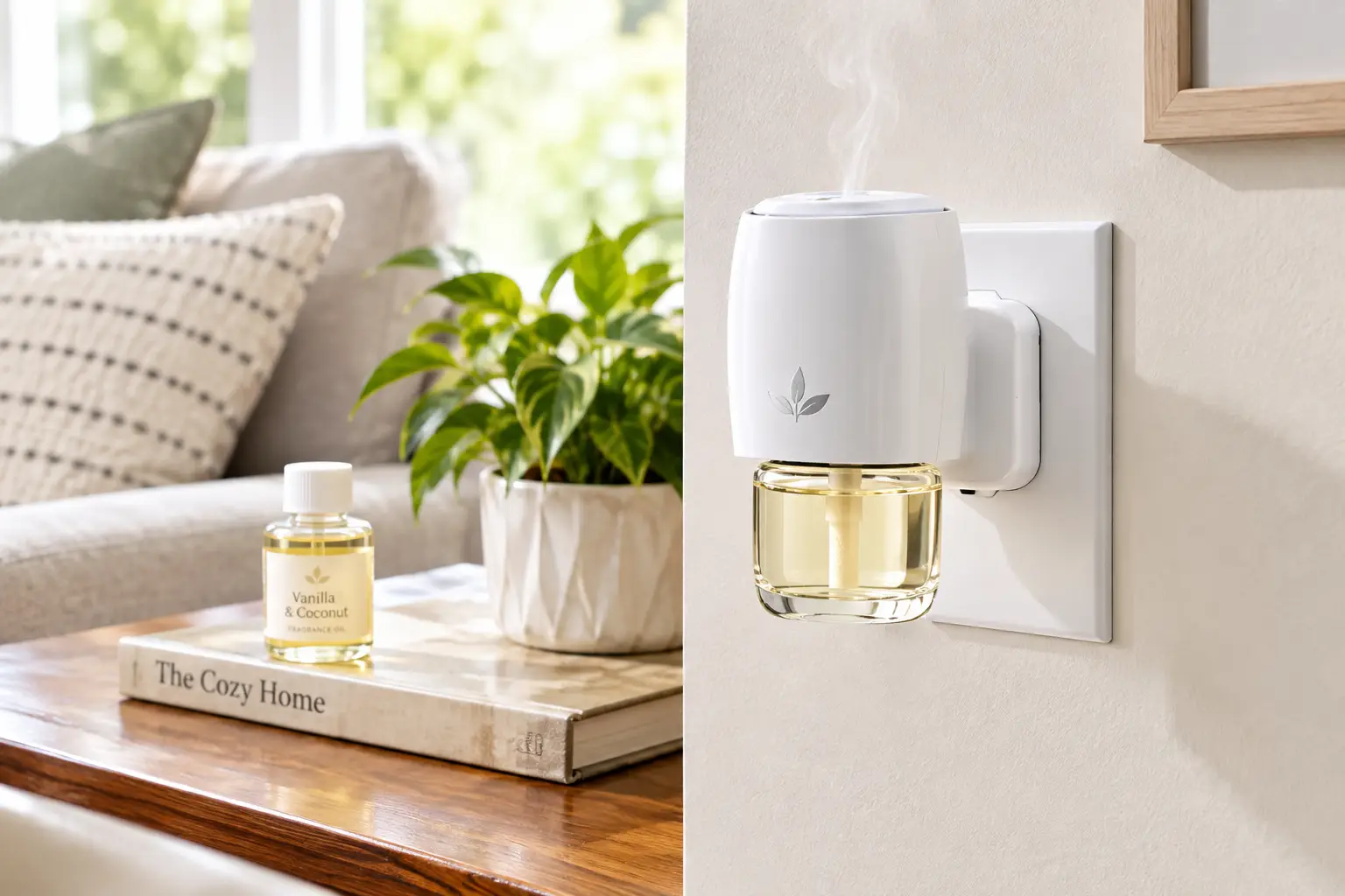 Best plug in fragrance for a cozy home, featuring a white wall-mounted fragrance diffuser with an amber oil refill in a bright living room with natural light and green plants.