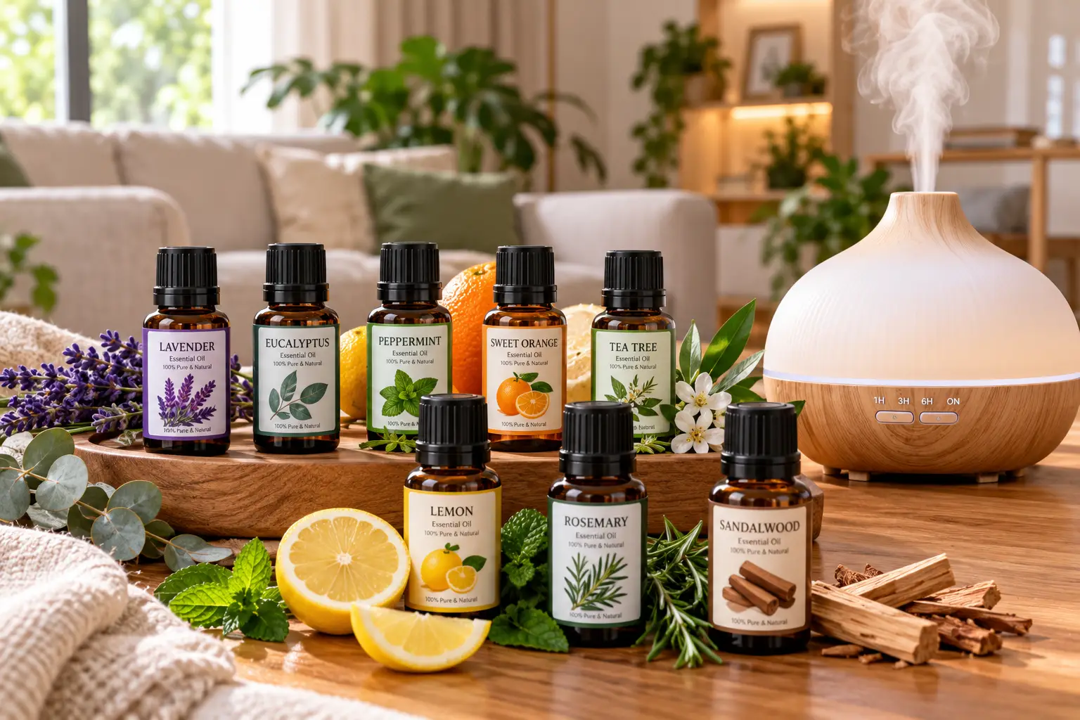 Best smelling essential oils for home diffuser featuring amber bottles of lavender, eucalyptus, peppermint, sweet orange, tea tree, lemon, rosemary, and sandalwood oils arranged with fresh botanicals beside a wood-and-white essential oil diffuser releasing mist in a cozy living room.
