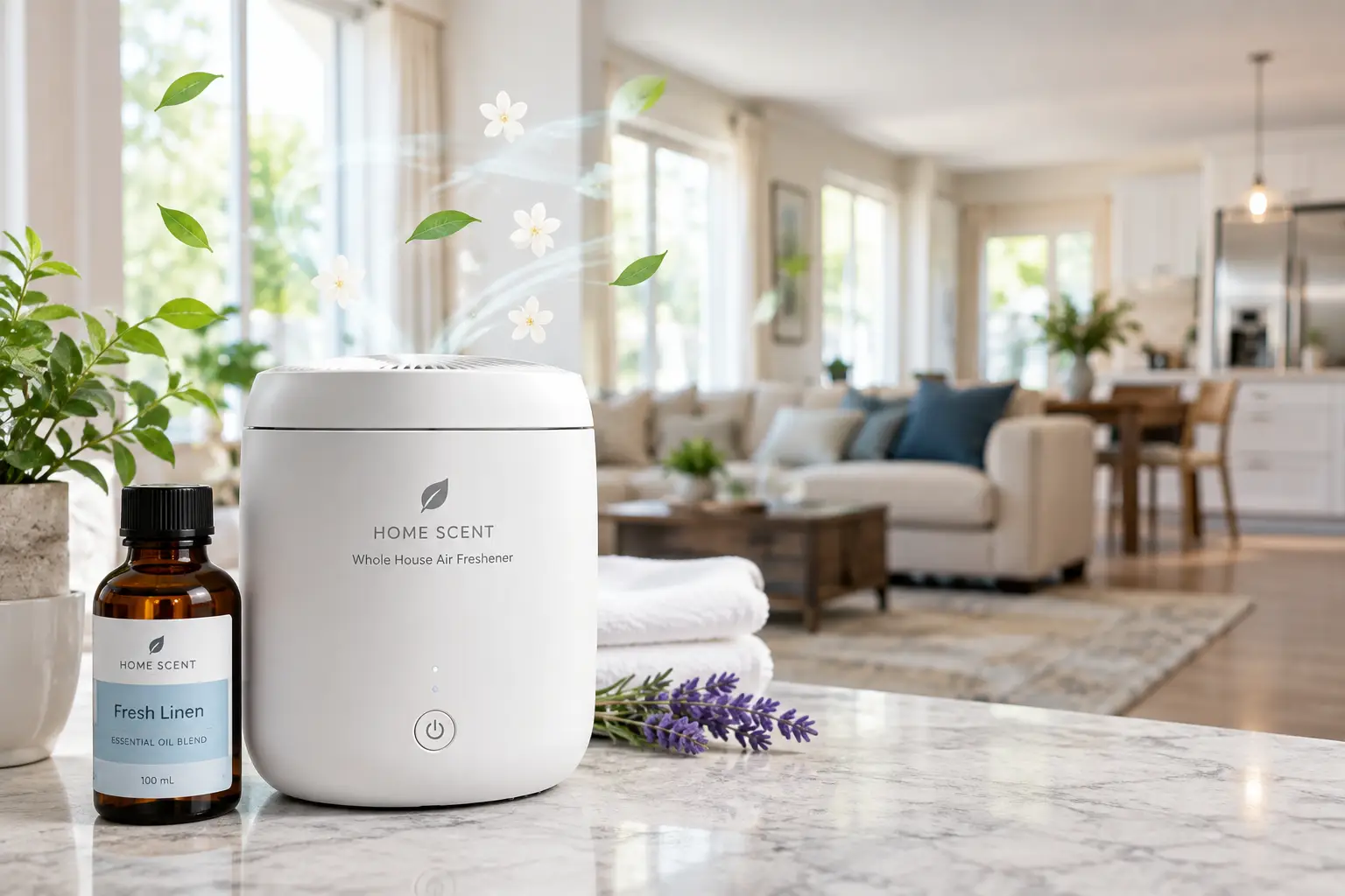 Best whole house air freshener displayed in a bright modern home with fresh linen fragrance and natural botanical accents