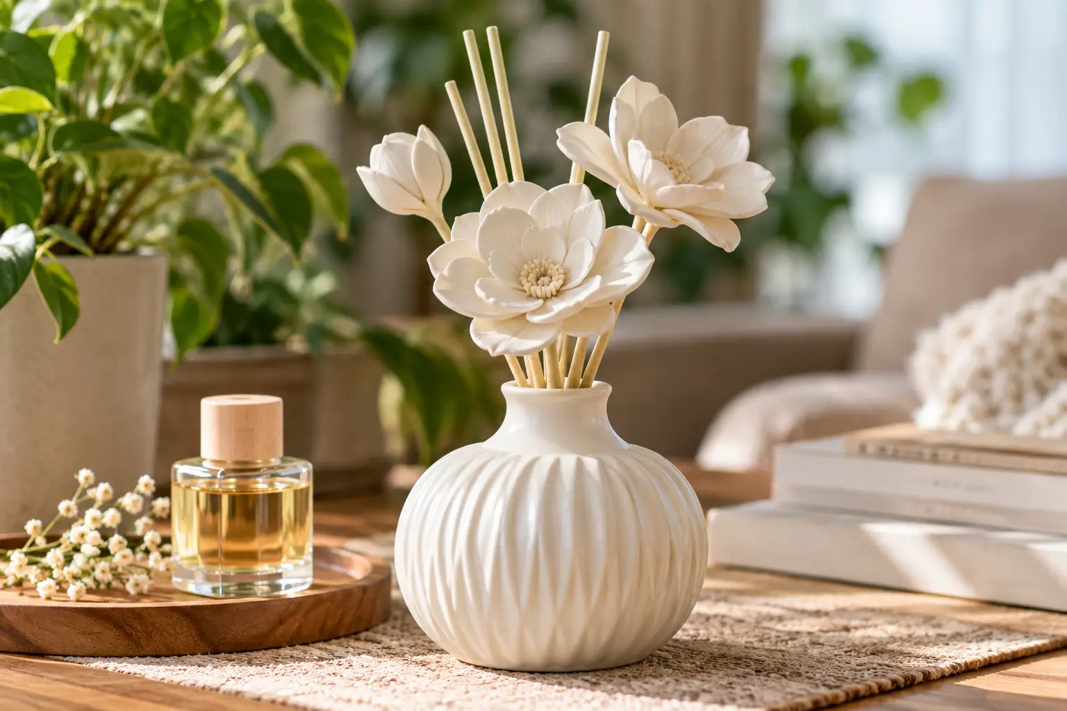 Ceramic flower diffuser with elegant ivory blossoms and natural reed sticks, styled on a wooden table in soft natural light.