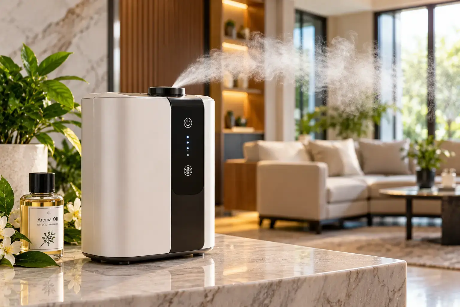 Cold air scent diffuser featuring a sleek white fragrance machine with a black control panel dispersing a fine mist of aroma oil in a modern living room, displayed on a marble countertop beside a fragrance bottle and green plants in natural light.