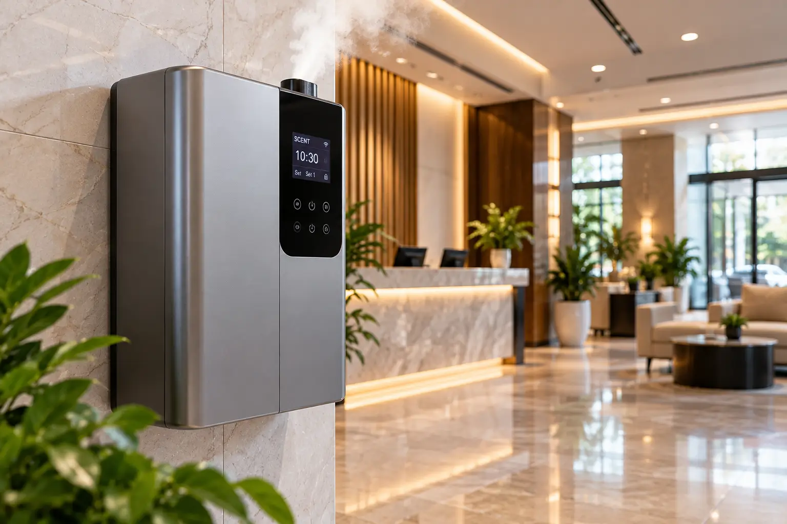 Commercial scent machine with a sleek wall-mounted design and digital control panel in a modern hotel lobby, providing automated fragrance distribution for a welcoming indoor environment.