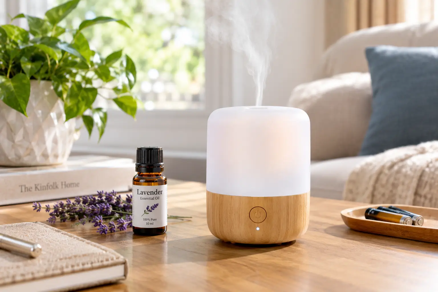 Essential oil diffuser battery powered with a compact wood and white design, releasing lavender-scented mist beside lavender oil, fresh flowers, and batteries in a bright, cozy room.