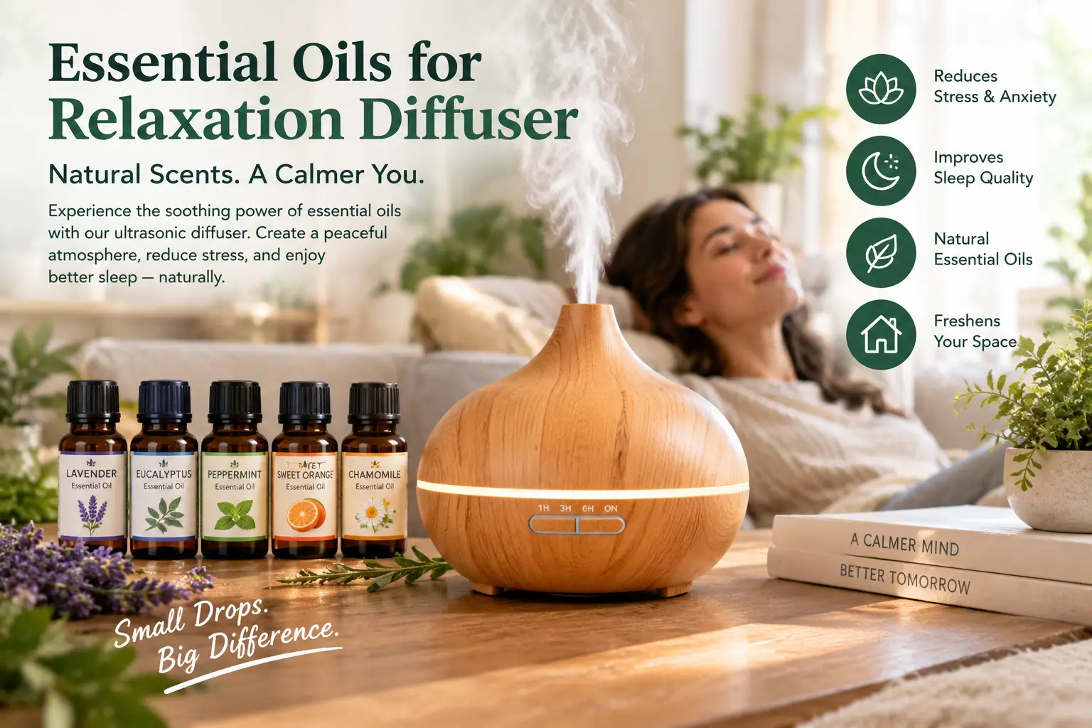 essential oils for relaxation diffuser with a wood-grain aromatherapy diffuser, lavender, and natural essential oil bottles in a calming home setting