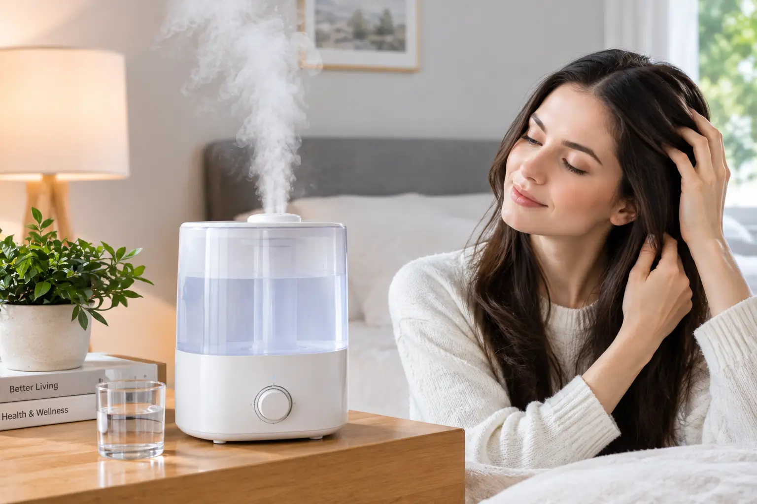 Humidifier for dry scalp releasing a gentle mist beside a woman caring for her hair in a bright, cozy bedroom