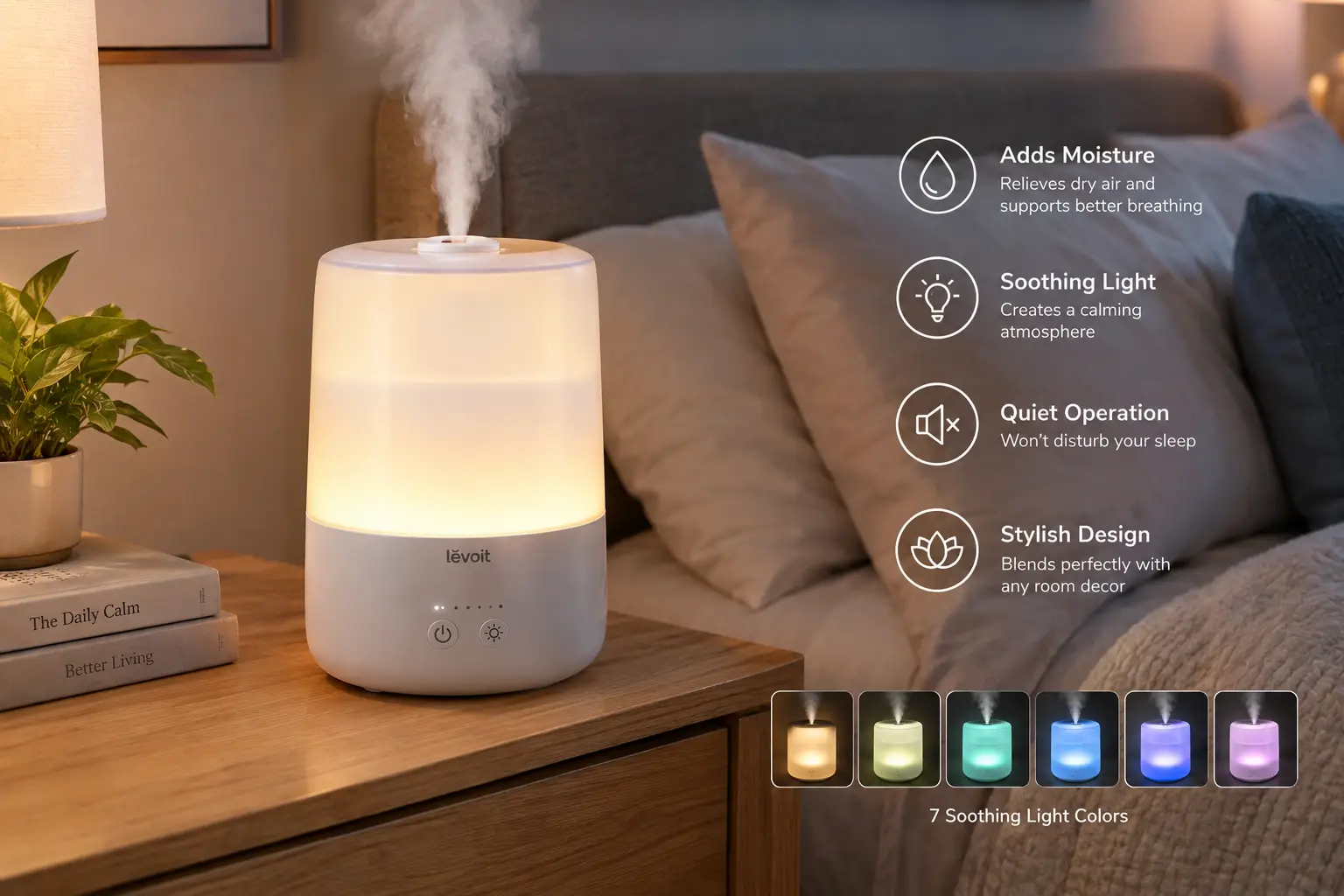 Humidifier with light featuring a soft ambient glow and fine mist to add moisture and create a relaxing atmosphere in any room.