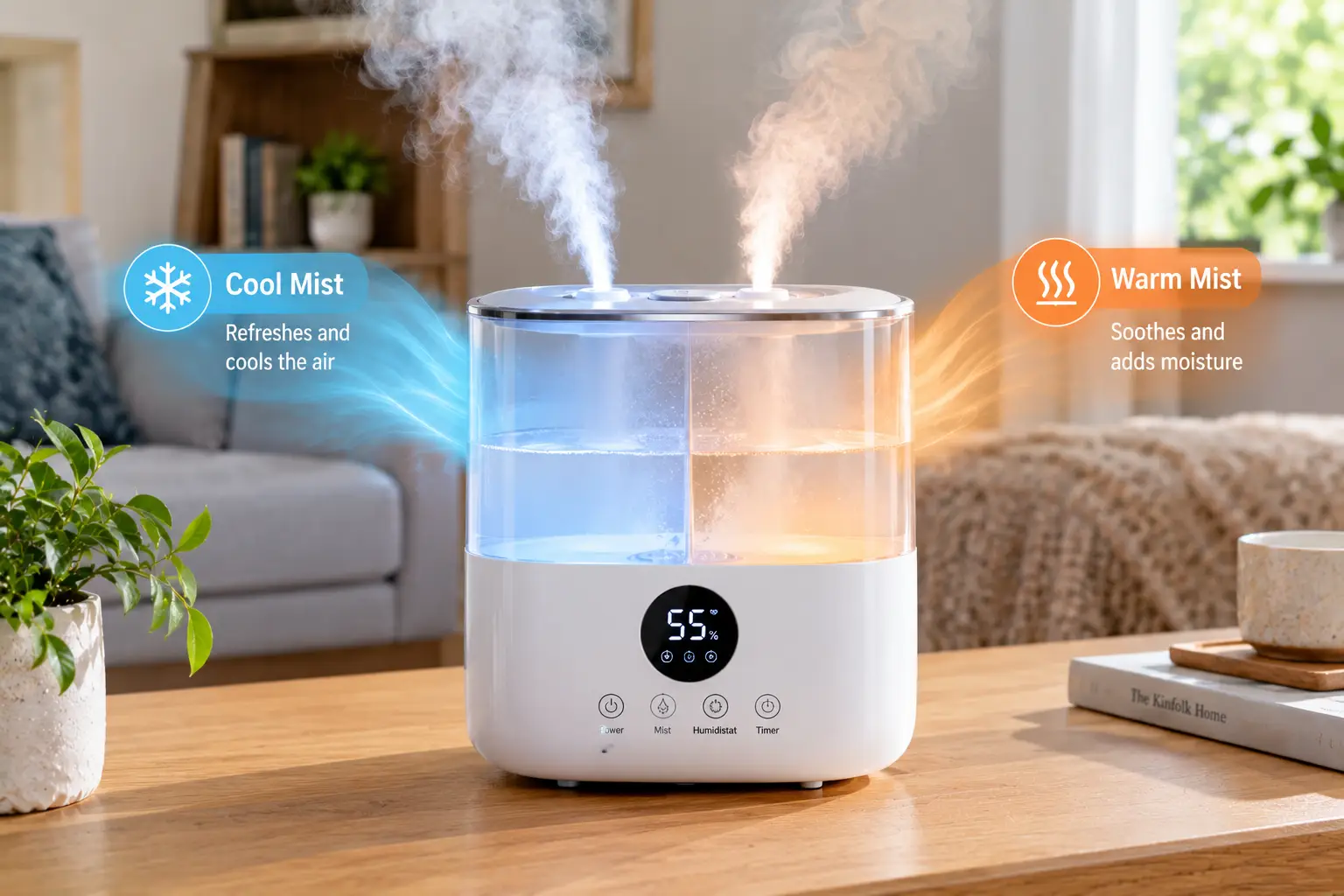 Humidifiers warm and cool mist featuring a modern white humidifier with dual mist outlets, a digital humidity display, and blue and amber mist effects in a bright living room with natural light.