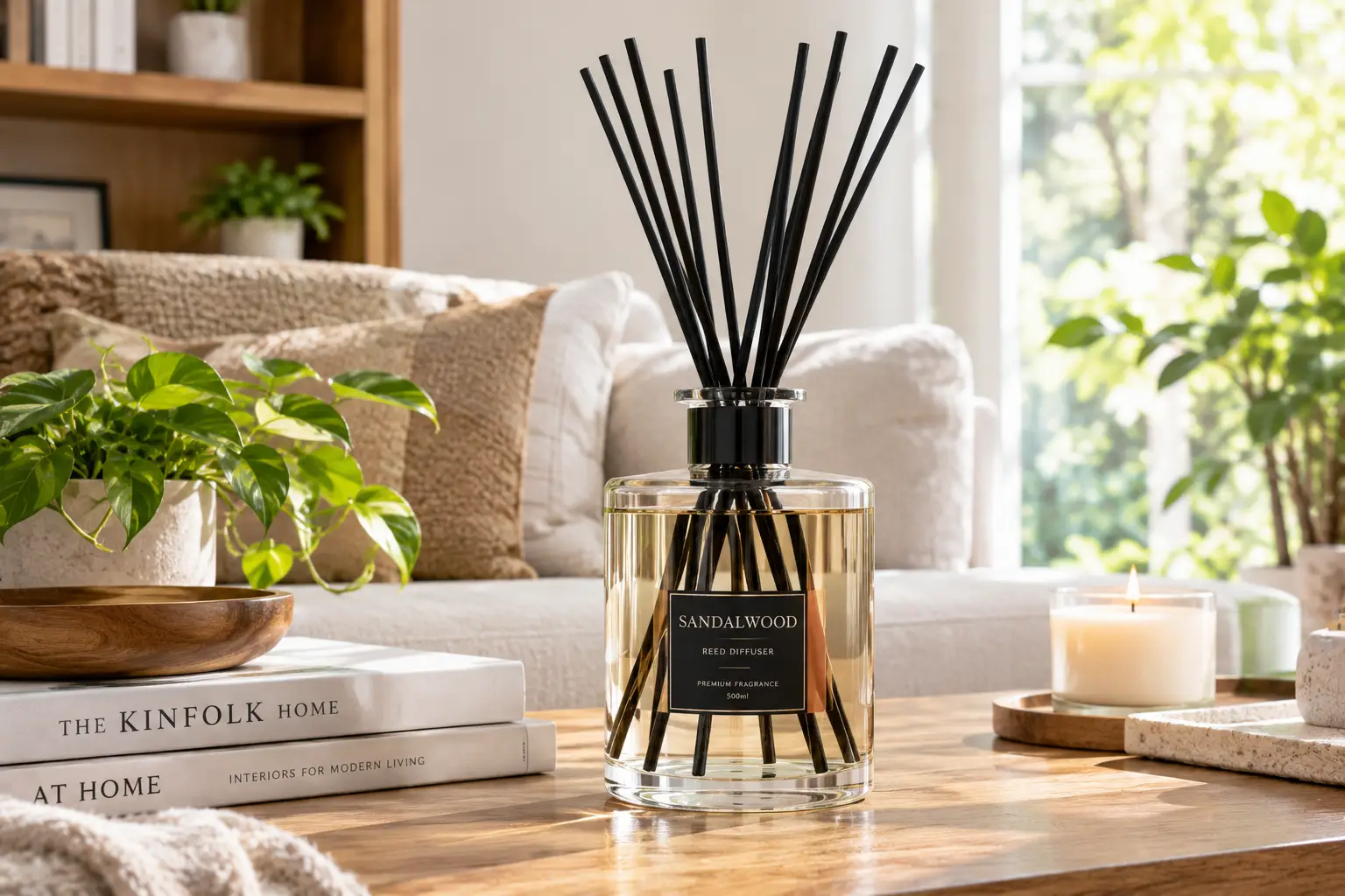 Large reed diffuser with tall black reeds and a clear glass bottle filled with scented oil, displayed on a wooden table in a bright, cozy living room with natural light.