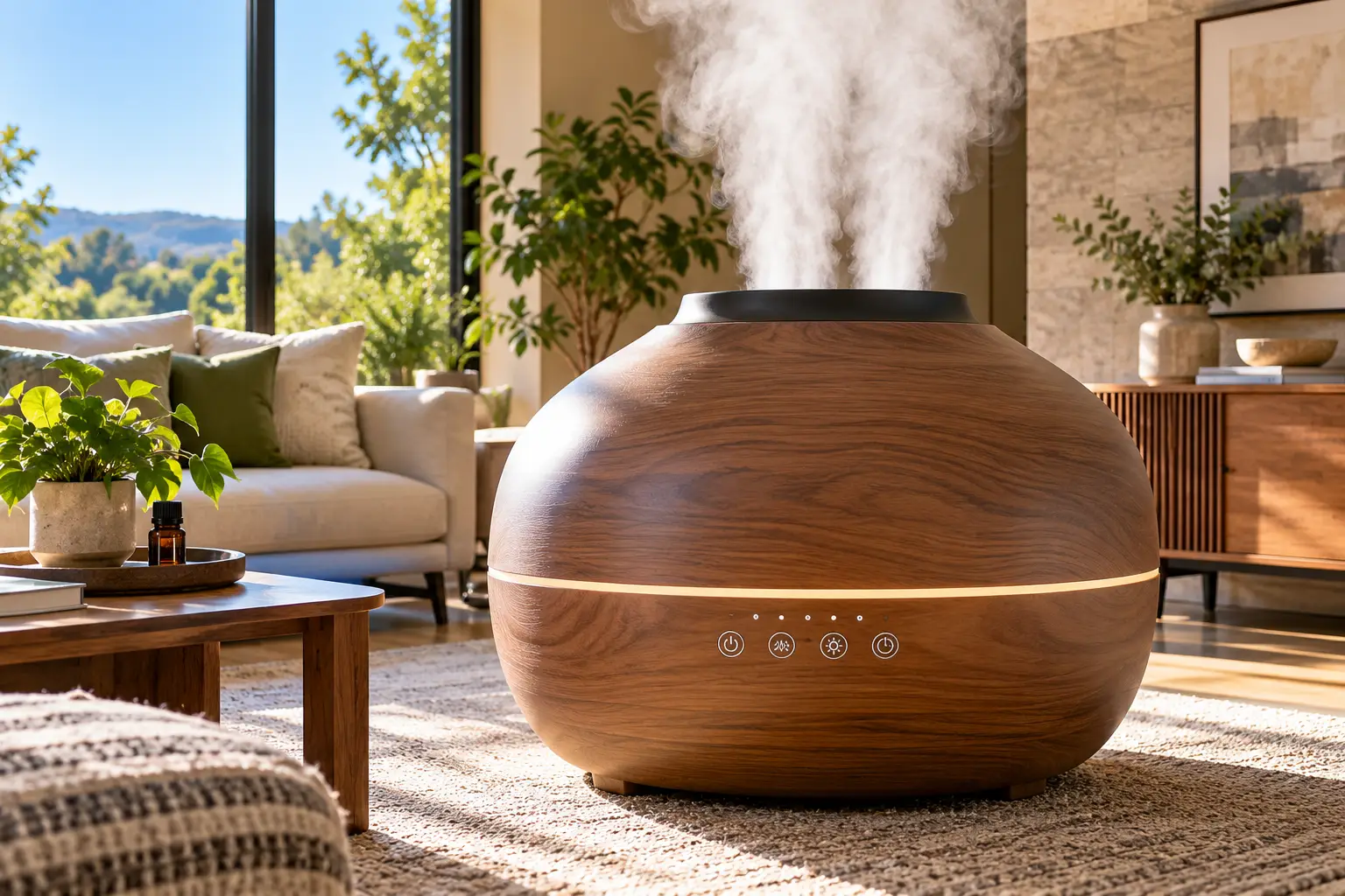 Largest diffuser featuring an oversized wood-grain aromatherapy diffuser with a wide mist outlet and illuminated control panel, displayed in a spacious modern living room with natural sunlight, neutral furniture, and indoor plants.