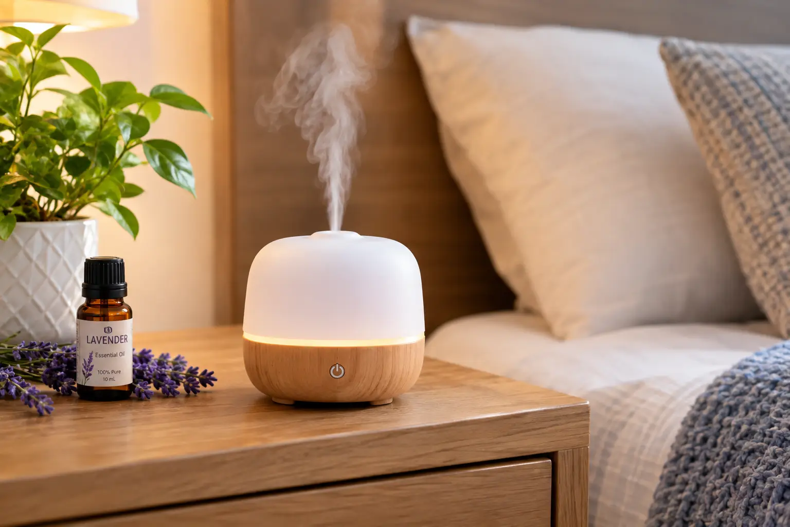 Mini essential oil diffuser releasing a gentle mist beside lavender essential oil on a wooden bedside table.