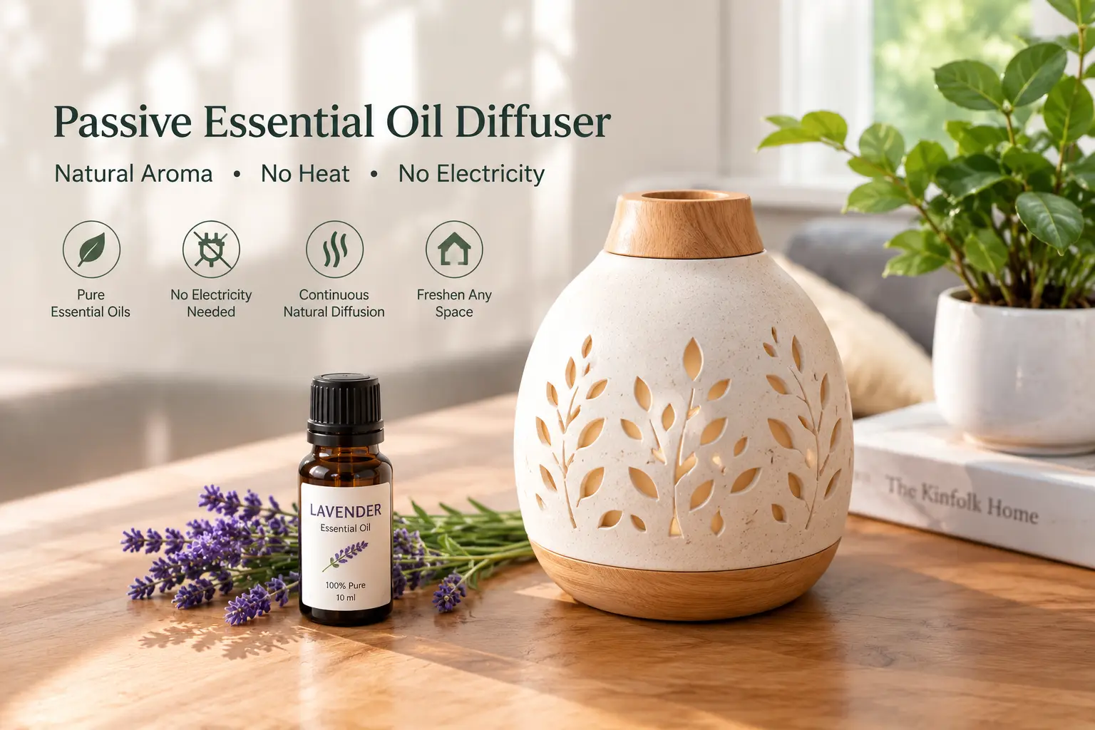 Passive essential oil diffuser with a ceramic body and natural wood accents, displayed alongside lavender essential oil and fresh lavender sprigs in a cozy, sunlit home, showcasing a natural fragrance solution without heat or electricity.