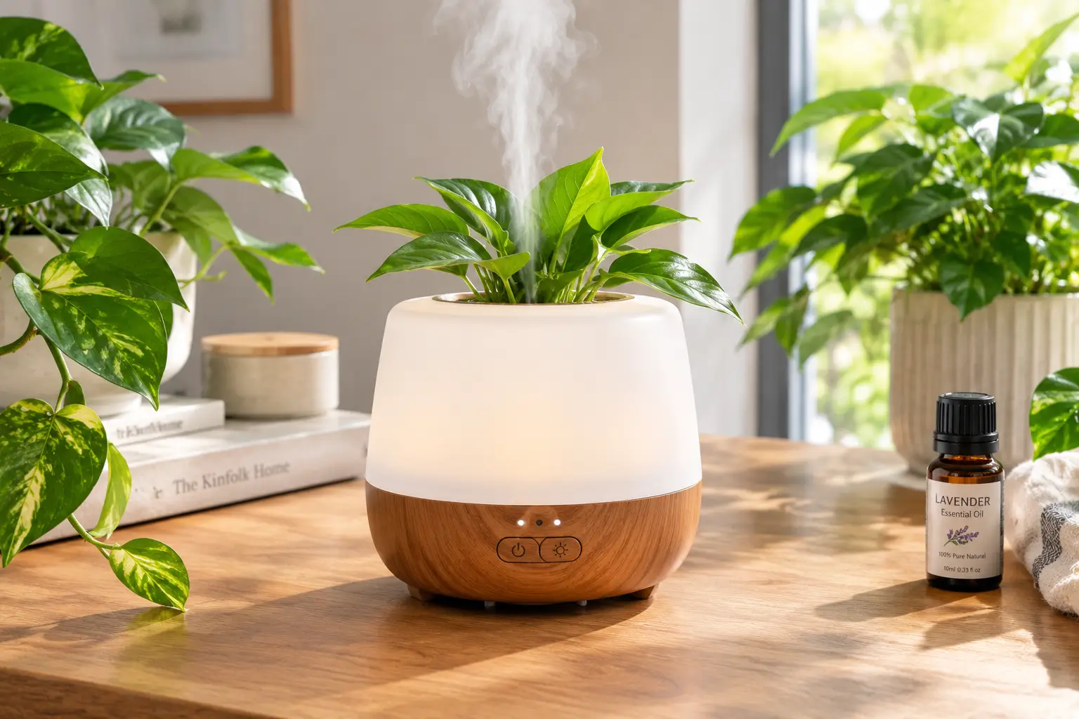 Plant diffuser with a lush green houseplant releasing a gentle mist in a bright natural indoor setting
