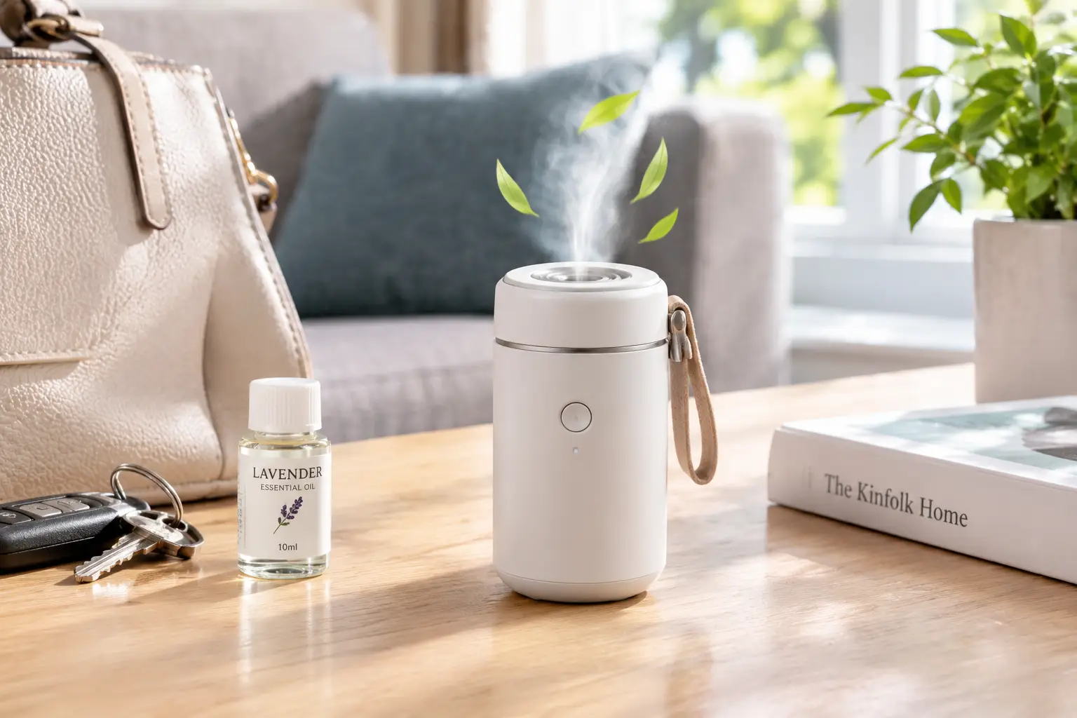 Portable air freshener with a compact white design releasing a light fragrance mist beside lavender essential oil, keys, and a handbag in a bright home setting.