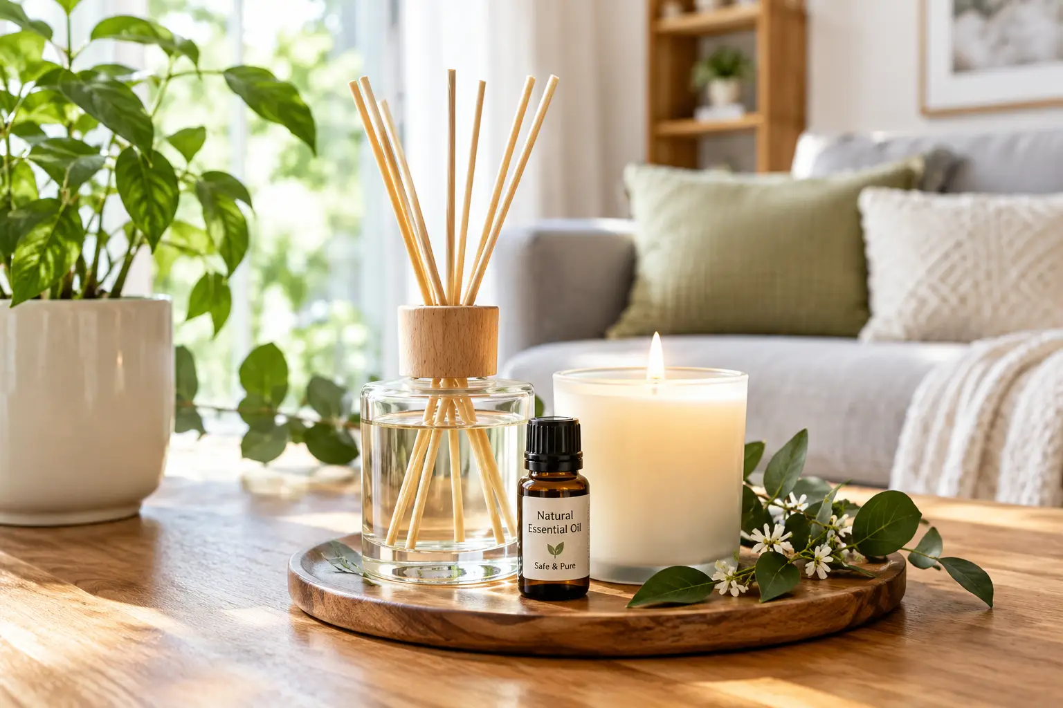 Safe home fragrance with a reed diffuser, essential oil bottle, and candle arranged naturally in a bright, cozy living room