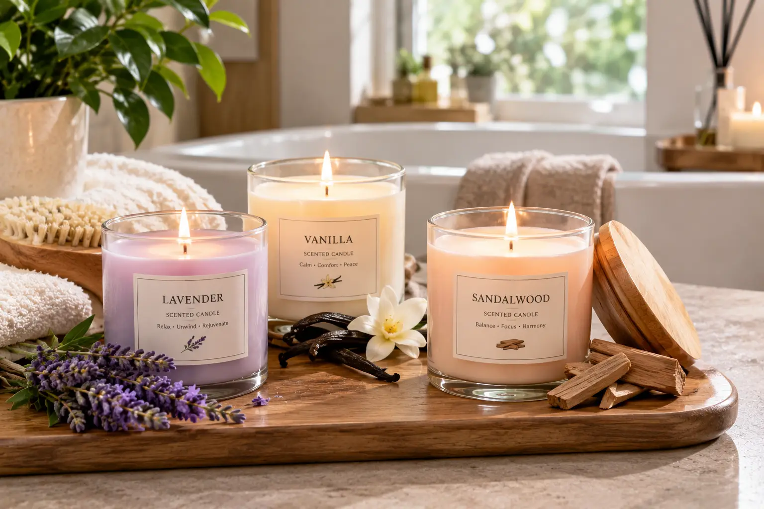 Spa scented candles in lavender, vanilla, and sandalwood fragrances arranged on a wooden tray with fresh botanicals, towels, and natural light for a relaxing spa-inspired setting.