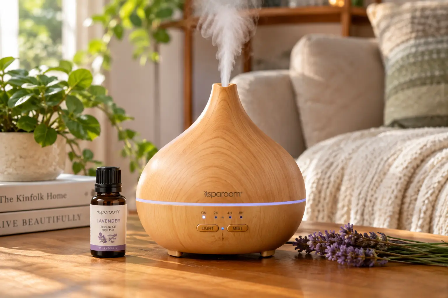 Sparoom essential oil diffuser releasing lavender-scented mist in a cozy living room