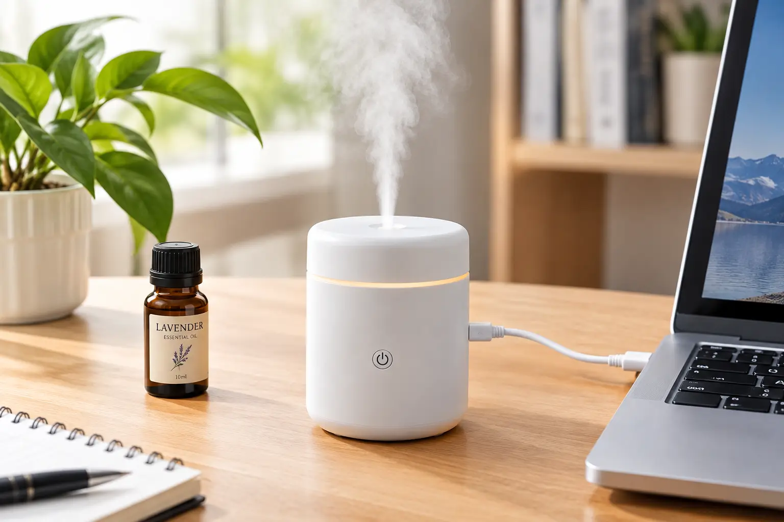 USB diffuser with a compact white design releasing a fine mist beside a laptop in natural light