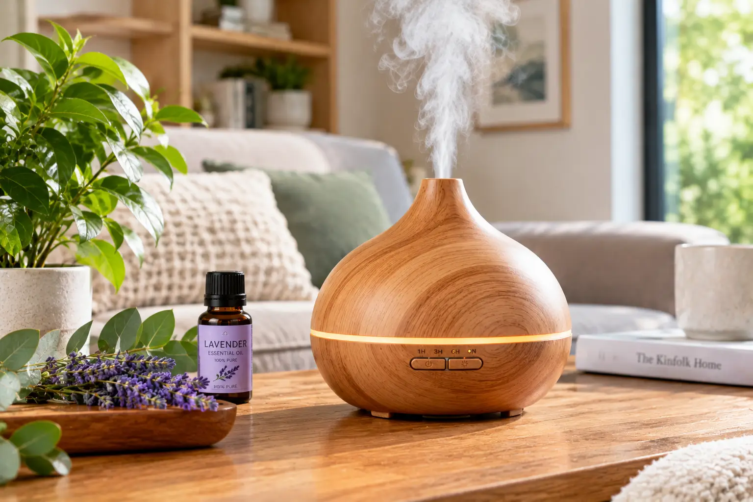 Wooden oil diffuser with a natural wood-grain finish, soft amber ambient lighting, and a gentle mist, displayed beside lavender essential oil and fresh botanicals in a cozy living room with natural light.